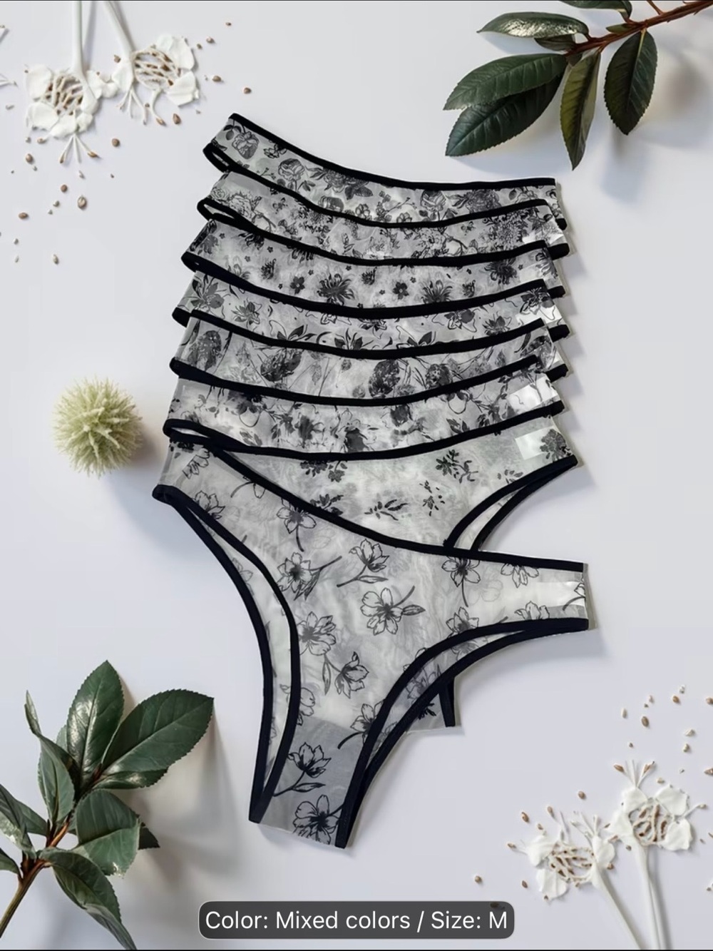 Sheer White Floral Bikini Panties with Black Trim & Black Floral Designs